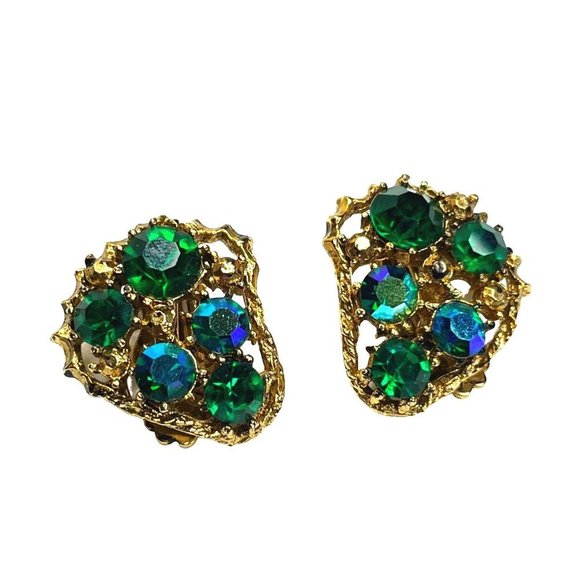 VTG 1960's Glass Crystals Gold Costume Earrings Clip-On Peacock Blue Green 1" - Picture 5 of 6